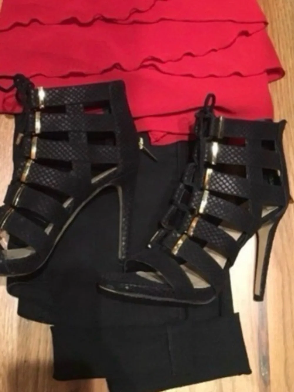 Vince Camuto Black Textured Lace-Up Cage Heels with Gold Accents